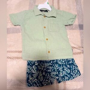 Green Short Sleeve Shirt and Blue Leaf Print Shorts Set